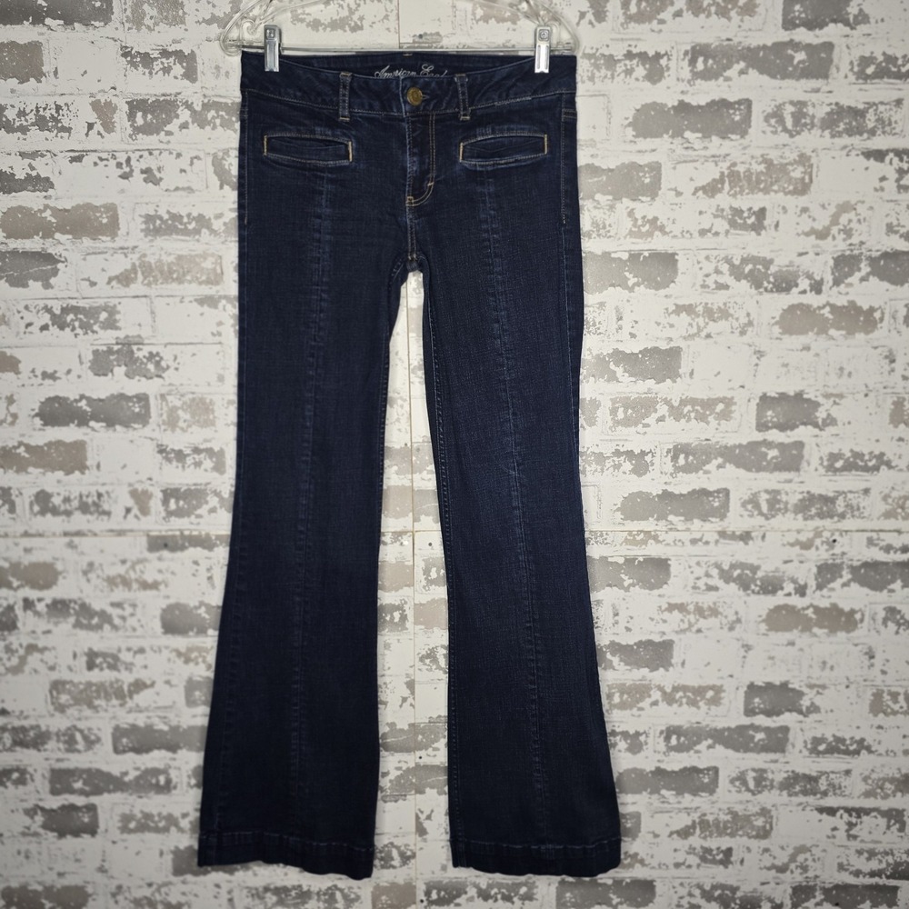 American Eagle Jeans Womens 8 Long Hipster Flare Leg Boho Dark Blue Coin Pockets